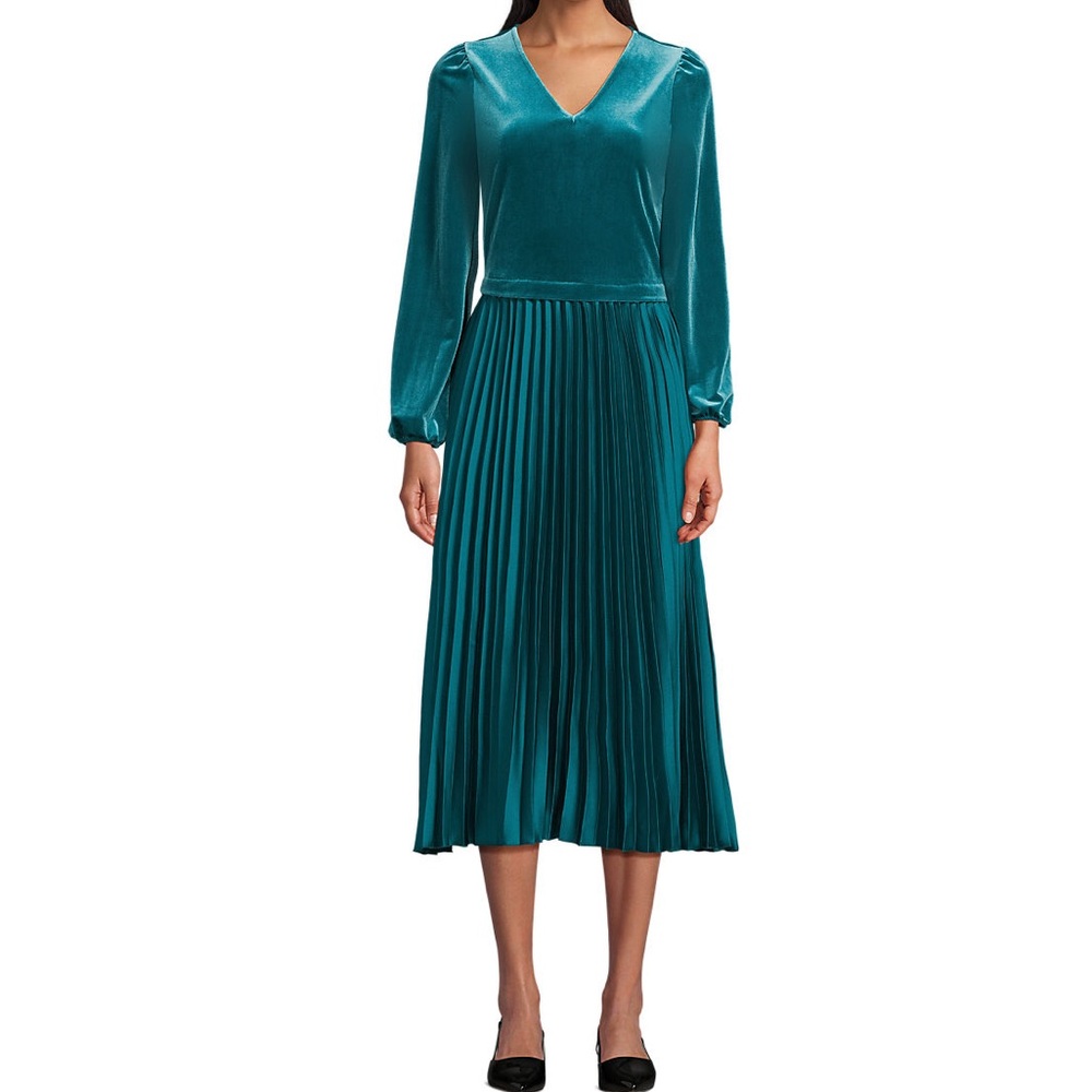 Lands End NWT Velvet and Satin Duet Midi Dress XL Evening Teal Turquoise Size 18